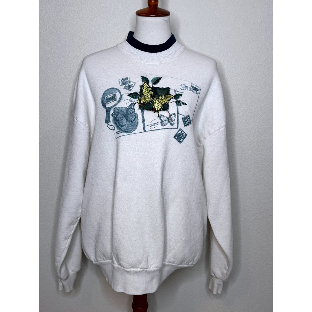 VTG TOP STITCH Embroidered Butterfly Sweatshirt XL White Blue Grandma Core 90s